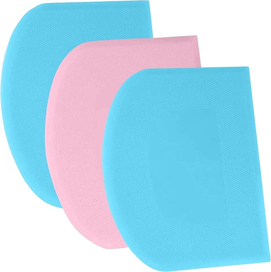 SURDOCA Dough Scraper Bench Scraper - 3P 10.6x6.7" Plastic Flexible Bowl Scraper, Sharp Edge & Angles Cake Scraper. Non-Slip Bakeware Decorating Tools Sculpting & Modeling Tools - Blue+Pink+Blue