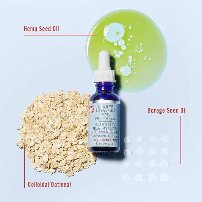First Aid Beauty Ultra Repair Oat & Hemp Seed Oil – Hydrating, Non-Greasy Facial Oil with Arnica & Colloidal Oatmeal for Redness Relief – Calms Dry, Distressed Skin – Fragrance Free, 1 oz