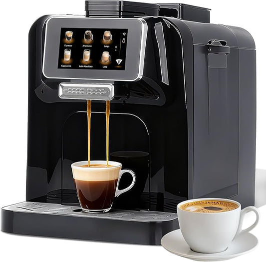 Fully Automatic Espresso Coffee Machine with Milk Cooler 4.3" Touchscreen Dual Heating 11 One Touch Beverages Adjustable Grinder & Milk Frother WiFi Smart Control