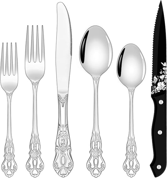 24 Pieces Silverware Set for 4, Retro Royal Flatware Set with Stainless Steel Forks Spoons Knives, Mirror Polished Vintage Tableware Cutlery Set for Kitchen/Hotel/Party Utensils Set, Dishwasher Safe