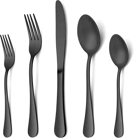 LIANYU 30 Piece Matte Black Silverware Set, Satin Finish Black Flatware Cutlery Set for 6, Stainless Steel Kitchen Utensil Tableware for Home Restaurant Party, Dishwasher Safe