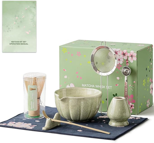 8 Pcs Matcha Whisk Set - HTRCXB Matcha Set with Ceramic Bowl, Bamboo Whisk & Holder, Scoop, Sifter, Measuring Spoon, Scoop Rest & Tea Towel, Complete Gift Kit for Beginners & Tea Lovers