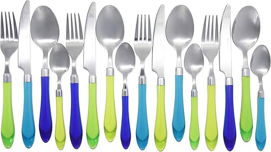 The Original Brink House Sea Blue Green Mix & Match Stainless Steel Cutlery Set with Translucent Handles / 16 pieces with Metal Stand/Lifestyle utensils set for home, apartment, dorm, outdoor events