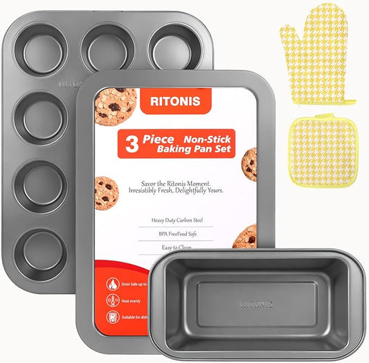 3-Piece Baking Pans Set Non-stick Stackable Bakeware Sets Non Toxic Baking Sheet Set for Cooking，Include Cookie Sheet,Muffin pan,Bread Loaf Pan For Oven,Carbon Steel,with Baking Glove,Black