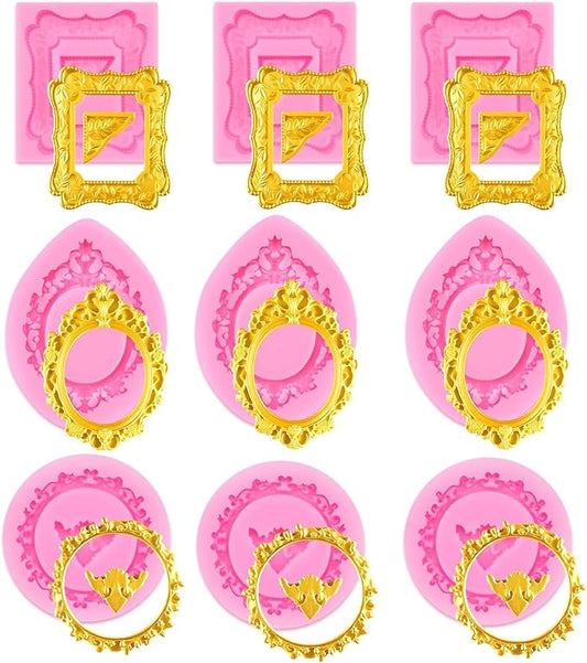 9 PCS Picture Frame Fondant Silicone Molds Frame Chocolate Silicone Molds Vintage Style Photo Frame Moulds for Cake Decorating Cupcake Topper Chocolate Candy Polymer Clay