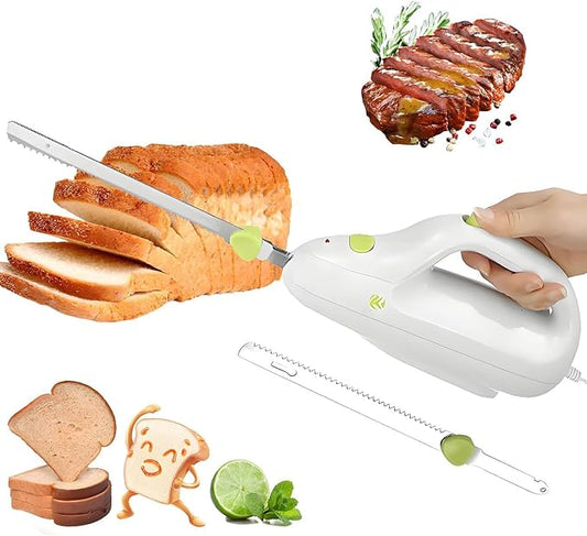 Electric Bread Knife Carving Knife,Cordless Rechargeable Bread Cutter & Meat Slicer with 2pcs 8inch Stainless Steel Blades,Safety Lock Switch, for Families, Meat, Bread, Cheese