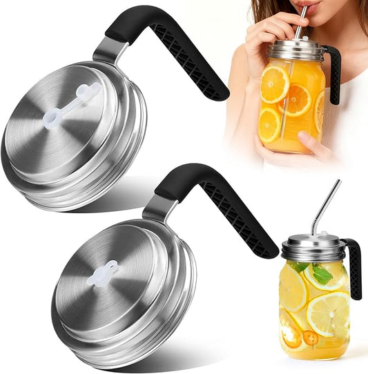 Palksky Mason Jar Lids with Straw Hole Wide Mouth, Stainless Steel Drinking Lid with Handle & Silicone Rings, Spill-Resistant Mason Jar Straw Lid for Iced Coffee, Juice, Lemonade (2 Packs)
