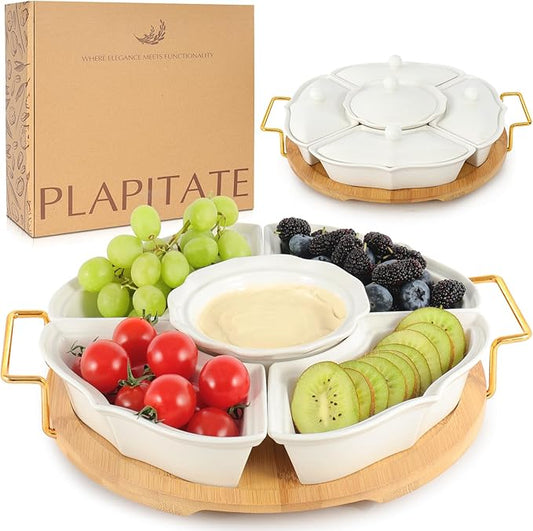 PLAPITATE Party Serving Trays and Platters, Ceramic Lazy Susan Serving Tray with Divided Sections Appetizer Rotating Serving Tray for Fruits, Veggies, Chips and Dip Serving Set
