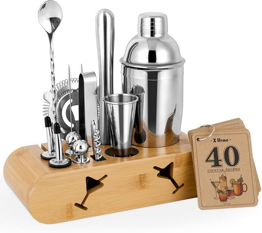 X Home Bartender Kit with Stand, Cocktail Shaker Set for Enthusiasts and Beginners | Includes Martini Shaker, Easy-to-Measure Jigger, Hawthorne Strainer, Mixing Spoon and More, Bartender Kit Gifts