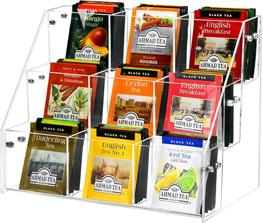 Tea Bag Organizer Holder, Acrylic Tea Packets Storage Box Container Display Stand Rack for Counter Cabinet Countertop Kitchen Office, 3 Tier