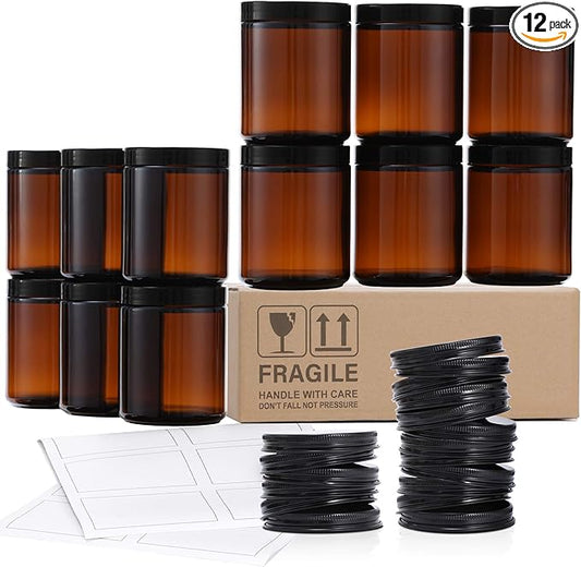 12 Pack, 8 OZ Dark Amber Candle Jars for Making Candle - Thick Glass Jars with 12 Metal & 12 Plastic Lids - Empty Round Food Storage Containers, Canning Jar For Spice, Liquid, Sample - Food Grade