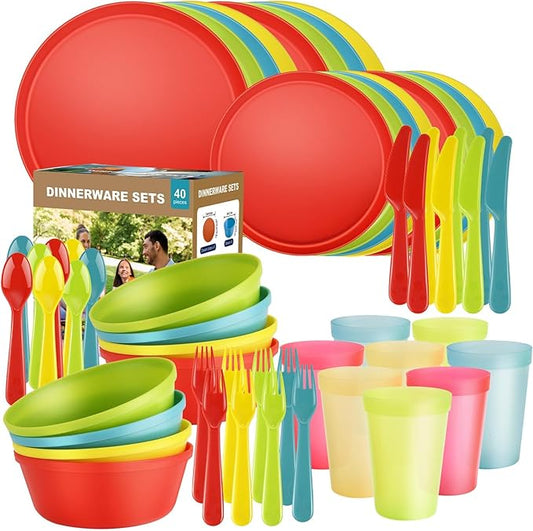 40 Piece Plastic Dinnerware Set for 8 with Cutlery, Unbreakable Plates and Bowls Set, Dishwasher & Microwave Safe Reusable Dish Set for Camping, RV, Outdoor Kitchen, Apartment Dining,Rainbow Multicol