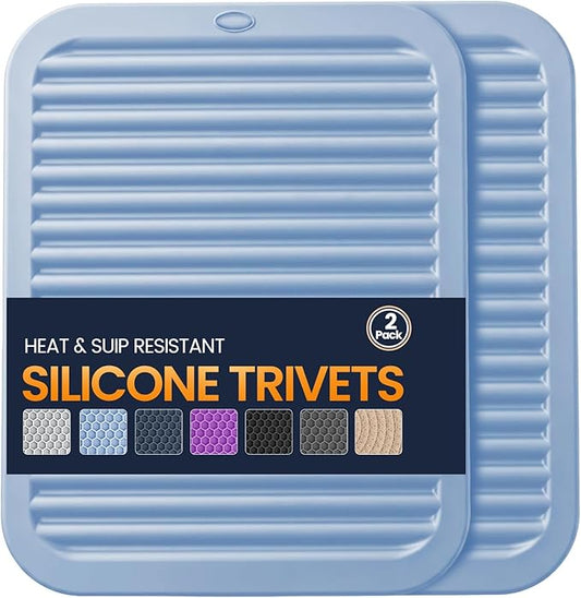 Silicone Trivet Mats 2 Heat Resistant Pot Holders Multipurpose Non-Slip Hot Pads for Kitchen Potholders, Drying mat, Jar Opener, Spoon Holder, Coaster.(Sky Blue)