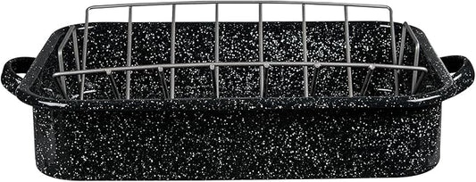 Granite Ware 19-Inch Roasting Pan With V-Rack - Nonstick Rectangular Roaster for Poultry, Baking, Broiling, Grilling - Durable Cookware for Holiday Feasts & Daily Meals - Family Size, Made of Steel