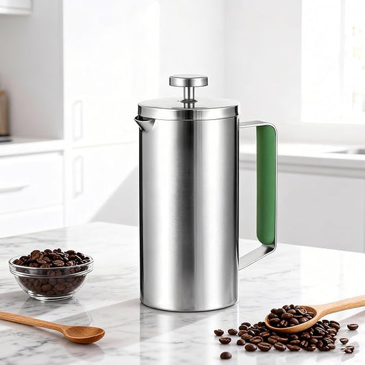 Stainless Steel French Press Coffee Maker 21OZ(0.6 Litre), Camping Coffee Press with Green Handle for Personal, Office, Travel(Sanding Silver, 1-3 Cups)
