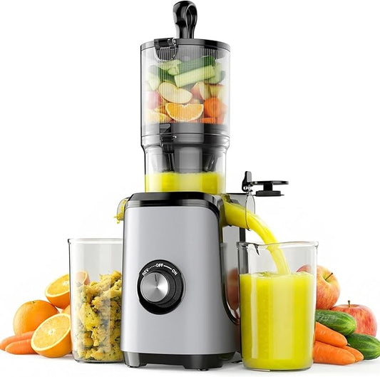 OLIXIS Cold Press Juicer, Masticating Juicer Machines with Wide Feed Chute, High Juice Yield and Easy to Clean for Whole Vegetables & Fruits, Silver