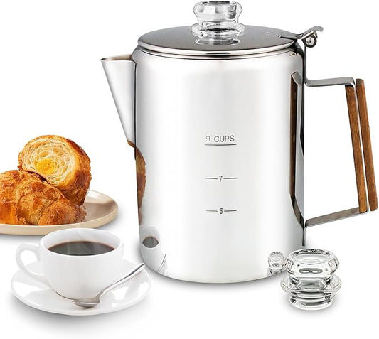 APOXCON Coffee Percolator Camping Coffee Pot Stainless Steel with Glass Knob Using on any Stovetop - NO Aluminum NO Plastic (9 Cup)