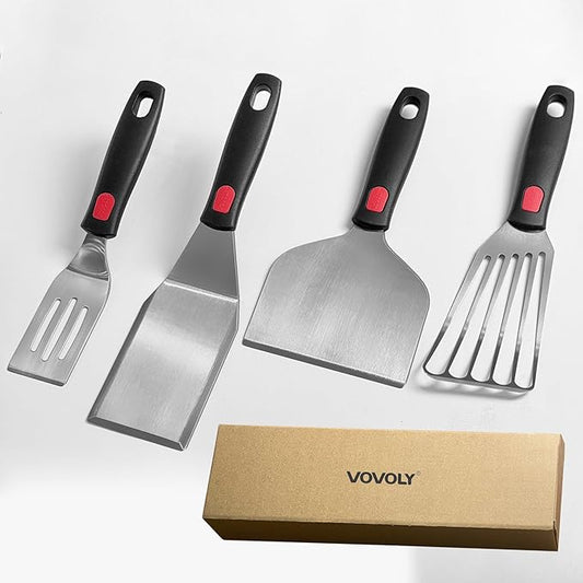 Stainless Steel Spatula Set with Heat Resistant Silicone Handle, VOVOLY Metal Spatulas For Kitchen Use, Thickened Smash Burger Spatula, Mini Brownie Spatula, Fish Flipper, Grill Scraper