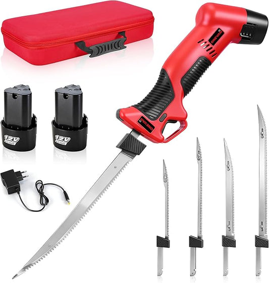 12V Cordless Electric Fillet Knife, 4 Ti-Nitride Coated Non-Stick Blades, Cordless Fillet Knife with 2PCS Rechargeable Battery Packs, 1 Quick Battery Charger, and 1 Storage Carry Case for Fishing, Filleting, Outdoors