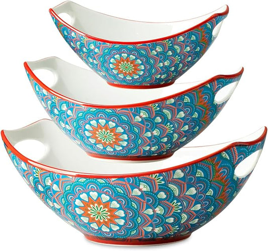 LAUCHUH Serving Bowls with Handles, Bohemian Porcelain Serving Dishes for Entertaining Colorful Nesting Bowls Salad Bowls for Kitchen, Mother's Day Party, Set of 3, 15/28/49 oz, Blue and Red