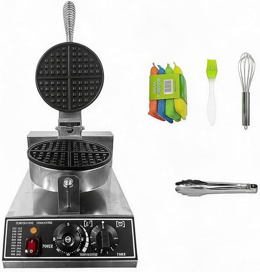 Commercial Waffle Maker, 1200W Stainless Steel Nonstick Round Waffle Iron with 122℉ to 572℉ Temp Range & Time Control, for Household Bakeries Snack Bar