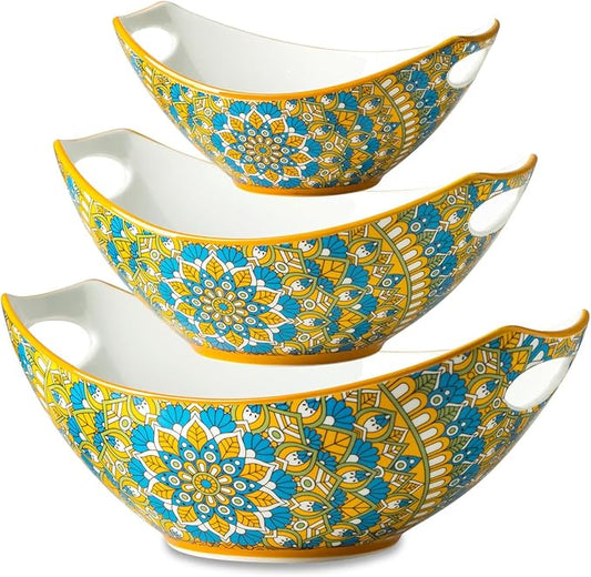 LAUCHUH Serving Dishes for Entertaining, Porcelain Serving Bowls with Handles Bohemian Salad Bowls Set Nesting Bowls for Mother's Day Party, Set of 3, 15/28/49 oz, Blue and Yellow