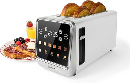 Touch Screen Toaster - 4 Slice, 2 Extra Long Slots - 5 Bread Types and 6 Browning Levels - Defrost, Reheat, Favorite, & Single Slot Modes - For Toast, Bagels, & Waffles – White