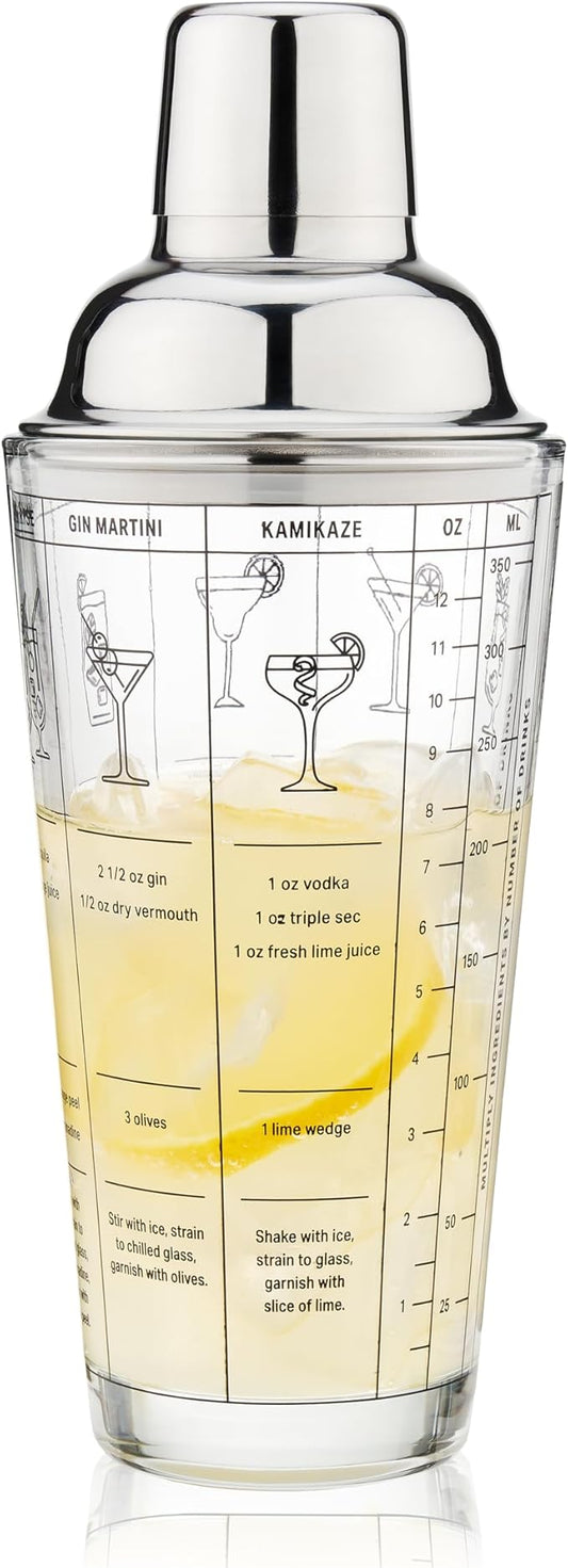 True Glass Cocktail Shaker with 7 Classic Recipes and Measurements for Cold Brew Cocktails, Home Bar Accessories, Bar Tools, Bartender Gifts, Hosting Essentials, 13.5 oz, Set of 1, Clear
