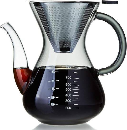 Unbreakable - Pour Over Coffee Maker with Double Stainless Filter 27 fl oz, Thickened Heat-Resistant Borosilicate Glass Pour Over Coffee Dripper, Stovetop Safe