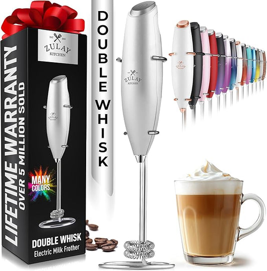 Zulay Kitchen Double Whisk Milk Frother – Handheld Foam Maker for Coffee, Lattes, Matcha, Hot Chocolate & Cappuccinos – Whip Creamy Froth in Seconds, Portable & Easy to Use