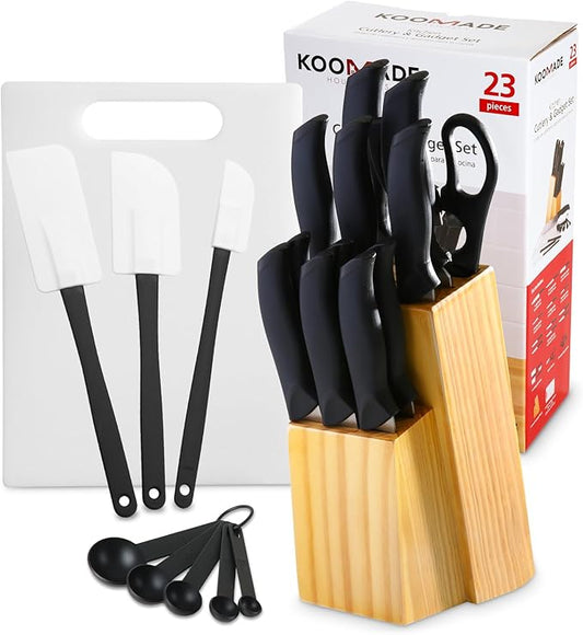 Knife Set With Block, Cutlery Essentials 23 Pieces Kitchen Stainless Steel Knife Block Sets With Cutting Board，Shears，Paring，Utility，Santoku，Steak Knives，Dishwasher Safe Cutlery Block Set
