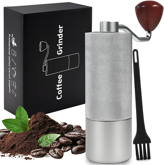 Manual Coffee Grinder Gift Box Non-Detachable Stainless Steel Conical Burr Aluminum Coffee Bean Grinder with 25 Grinding Settings Cleaning Brush Grindable Espresso Moka Pot for Camping Silver