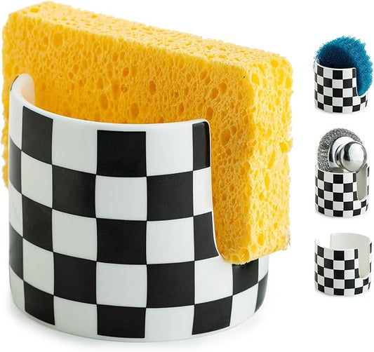 Checkered Kitchen Sink Sponge Holder, Dish Sponge Rack Ceramic Brush Holder Farmhouse Kitchen Drying Rack for Brush, Scrubbers, Bathroom, Sink, Black and White