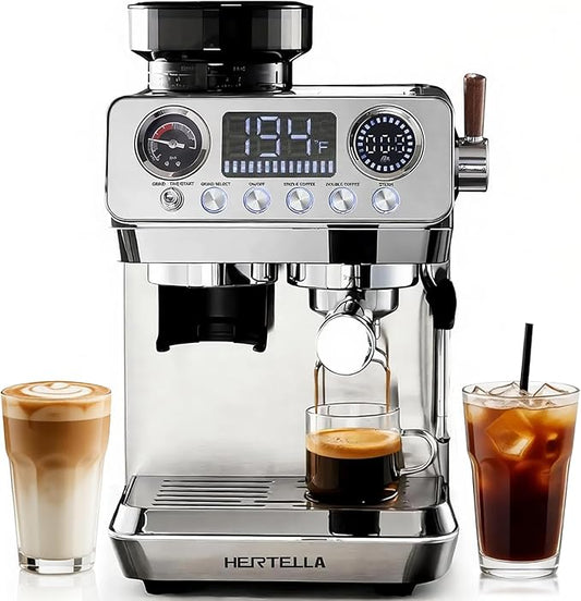 HERTELLA Espresso Machines with Burr Grinder, 20 Bar Visual Pressure Gauge, Milk Frother Steam Wand, Stainless Steel, 4 Temperature Modes (Hot and Cold Brew)，Automatic Pressure Release Function
