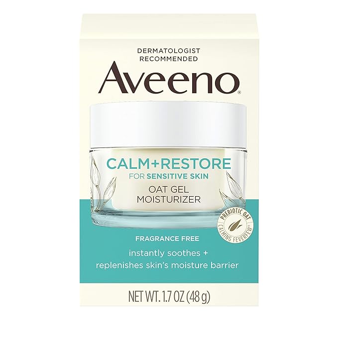 Aveeno Calm + Restore Oat Gel Facial Moisturizer for Sensitive Skin, Lightweight Gel Cream Face Moisturizer with Prebiotic Oat & Feverfew, Hypoallergenic, Fragrance- & Paraben-Free, 1.7 oz (Pack of 5)