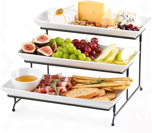 Gomakren 3 Tier Serving Trays Stand 14 Inches Serving Platters Rectangular Large Serving Plates for Party Display Set Collapsible Sturdier Rack, White Serving Trays and Platters