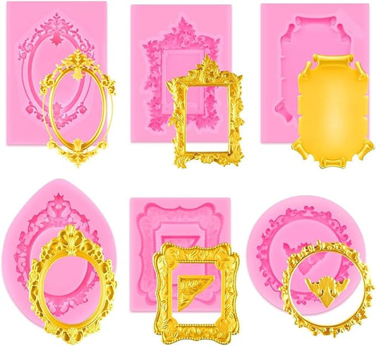 6 PCS Photo Frame Silicone Molds Frame Chocolate Silicone Molds Vintage Style Picture Frame Moulds for Cake Decorating Cupcake Topper Chocolate Candy Polymer Clay