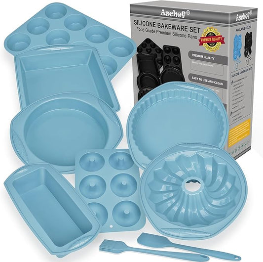 Nonstick Silicone Baking Mat Set, 9-in-1 Heat Resistant Cookie Sheet & Cake Pan Molds for Muffin, Loaf, Pizza, Cheesecake, Cupcake, Pie - Oven Bakeware Tools Kit