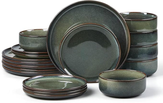 E-far Dinnerware Sets for 6, 18-Piece Stoneware Plates and Bowls Set, Ceramic Dishes Reactive Glaze Dinning Ware, Microwave & Dishwasher Safe - Obsidian Green
