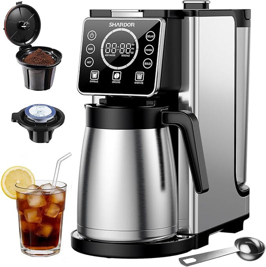 SHARDOR Programmable 5 Cup Drip Coffee Maker, Single Serve Hot & Iced Coffee Machine for K Cup & Grounds, 95oz Removable Reservoir, 6–24oz Brew Size, Strong Brew, Stainless Steel Thermal Carafe, Black