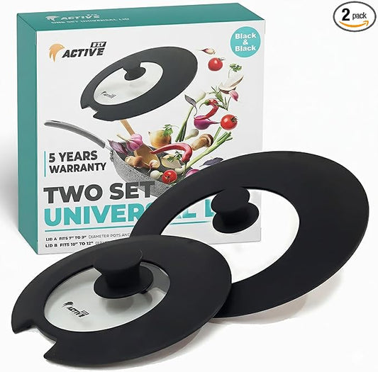 2-Pack Universal Silicone Lids for Pots and Pans - Replacement Pan Covers Fit 7-12 Inch Frying Pans and Pots, Black & Black