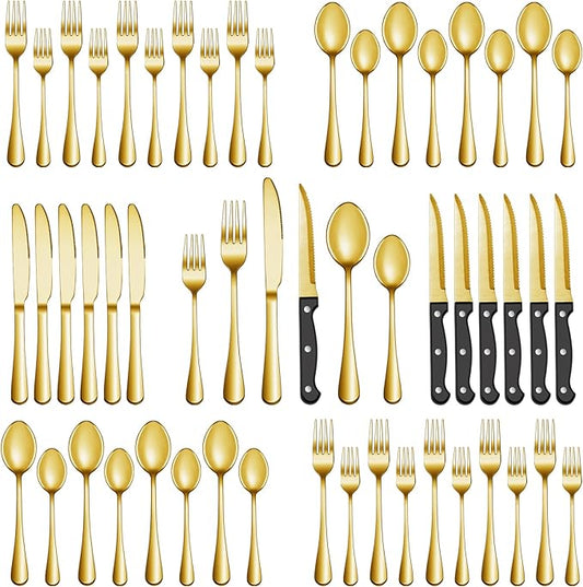 36 Pcs Gold Silverware Set with Steak Knives, Stainless Steel Flatware Cutlery Set Service for 6, Kitchen Tableware Sets, Utensil Sets for Home and Restaurant, Knives Forks Spoon, Dishwasher Safe