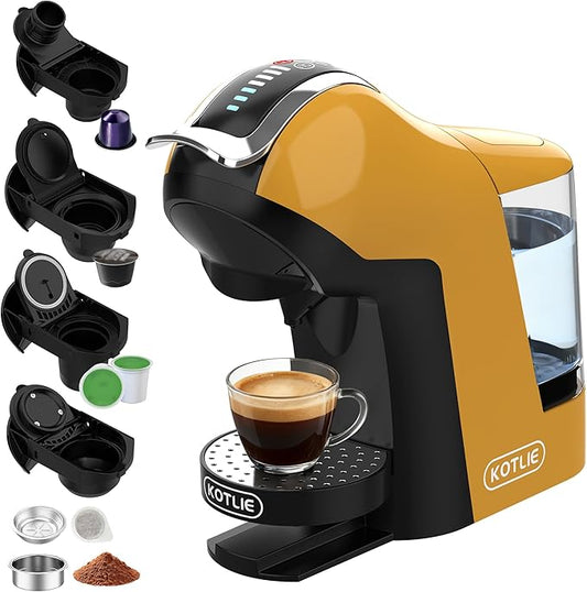 KOTLIE EM-308B Espresso Machine, Single Serve Coffee Maker Compatible with Multiple Capsule Types, Ground Coffee, and ESE Pods, 3 Temperatures, 7 Water Volume Levels, 34 Oz（Yellow）
