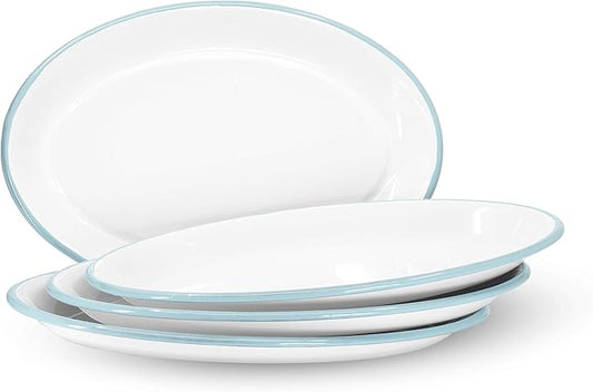 Red Co. Set of 4 Enamelware Metal Classic 13" Serving Oval Tray Platter, Solid White/Teal Rim