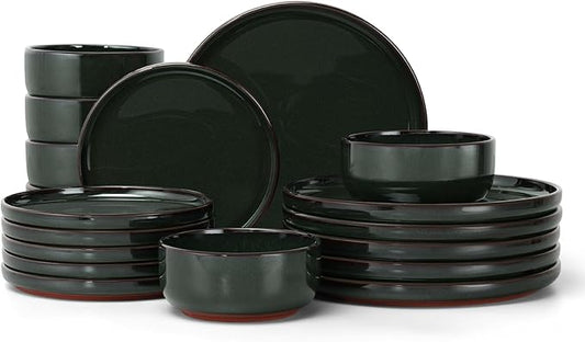 E-far Stoneware Dinnerware Sets for 6, 18 Pieces Reactive Glaze Plates and Bowls Sets, Elegant Dishes with Rustic Terracotta Clay Base, Dishwasher & Microwave Safe, Scratch Resistant, Blackish Green