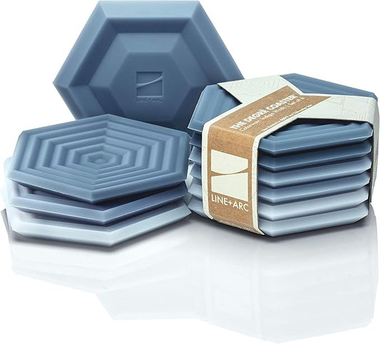 LINE+ARC Extra Thick Silicone Coasters (As Seen in NYTimes WireCutter) Waterproof Anti-Stain Heat-Safe Dishwasher-Safe Degrē Coasters (Set of 6, Indigo Wash) Outdoor Rubber Mid-Century Modern