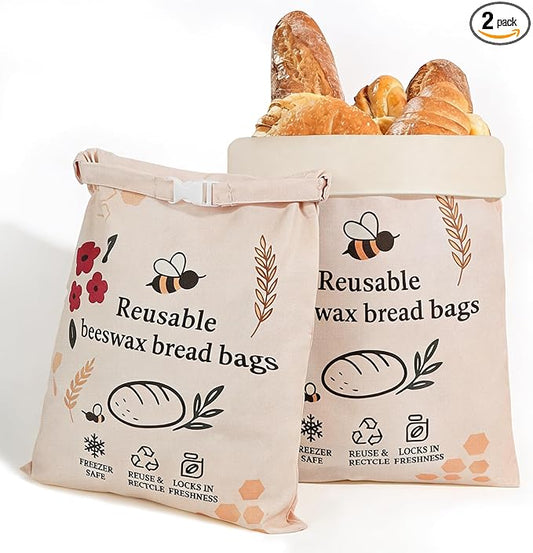 2 Pack XL Reusable Beeswax Bread Bags for Sourdough Baking, Organic Waxed Lined, Cotton Bread Bags for Homemade Bread, Food-Storage Bag to Keep Fresh