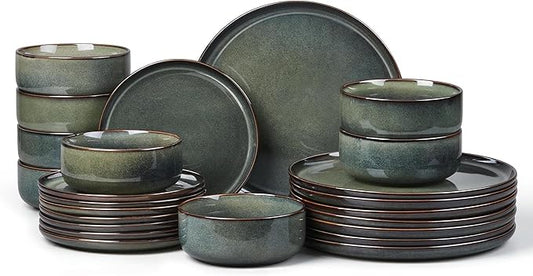 E-far Dinnerware Sets for 8, 24-Piece Stoneware Plates and Bowls Set, Ceramic Dishes Reactive Glaze Dinning Ware, Microwave & Dishwasher Safe - Obsidian Green