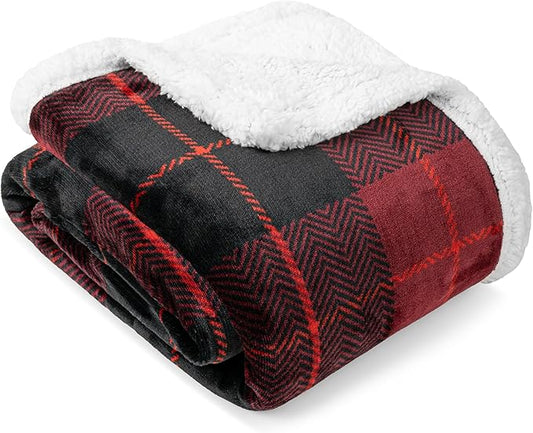 Pavilia Red Plaid Sherpa Throw for Twin, Plush Flannel Fleece Blanket and Throws, Soft Fuzzy Cabin Blanket for Sofa Bed, Warm Cozy Winter Gift, 60x80