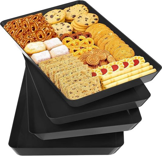 SpaceTrove 4-Pack Serving Tray Set, Reusable Plastic Serving Platter for Party Supplies, Entertaining, Grilling Accessories, Stackable Kitchen Snack Box Container for Dessert, Fruit, Cookie, (Black)